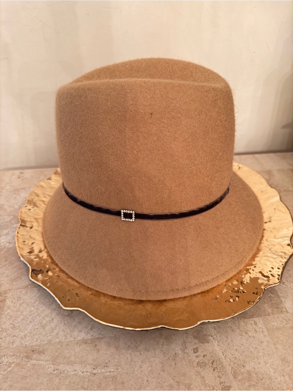 Womens Felt Cloche Hat with Rhinestone Accent On Velvet Band - Camel Sz One Size